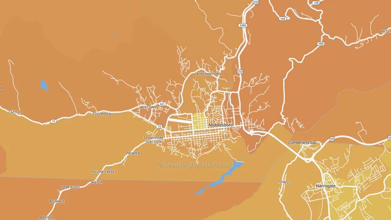 Map of the best neighborhoods in the Middlesboro area, with better matches in green and worse matches in red