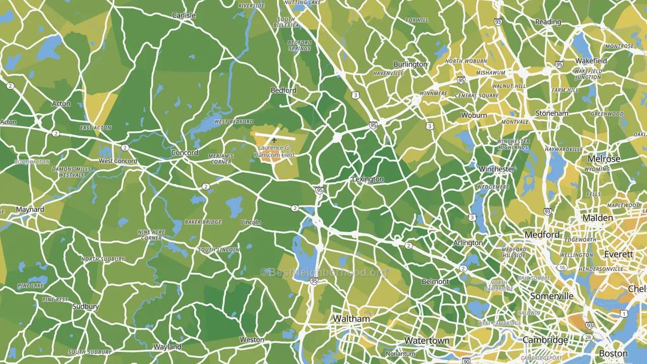 Map of the best neighborhoods in the Middlesex County area, with better matches in green and worse matches in red