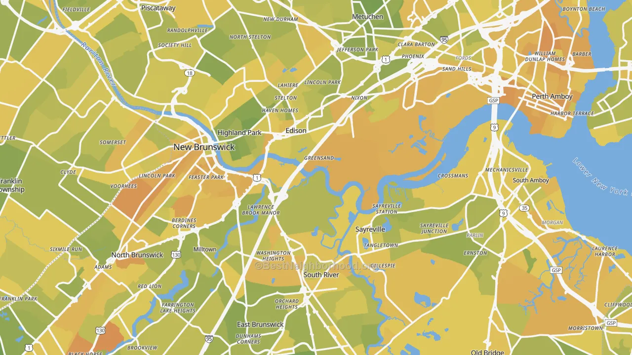 Map of the best neighborhoods in the Middlesex County area, with better matches in green and worse matches in red