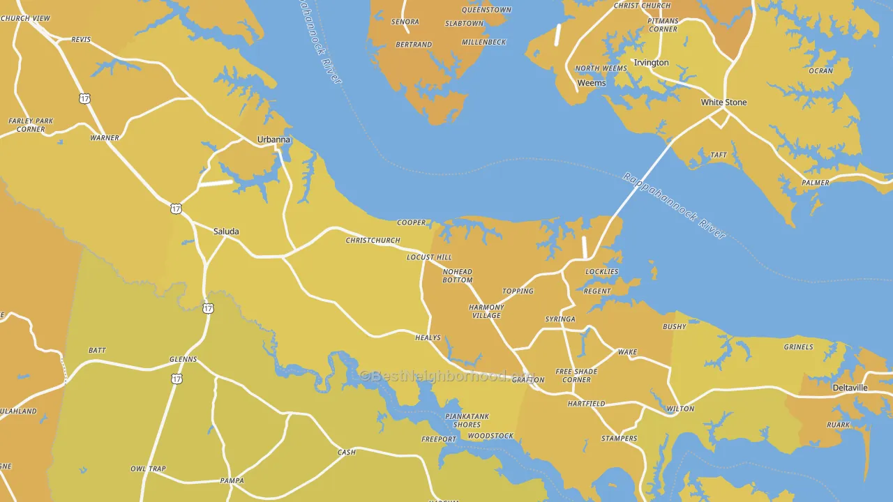 Map of the best neighborhoods in the Middlesex County area, with better matches in green and worse matches in red