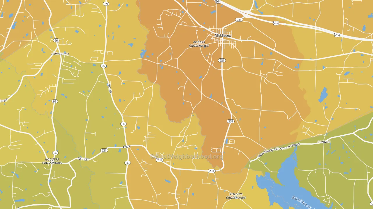 Map of the best neighborhoods in the Middlesex area, with better matches in green and worse matches in red