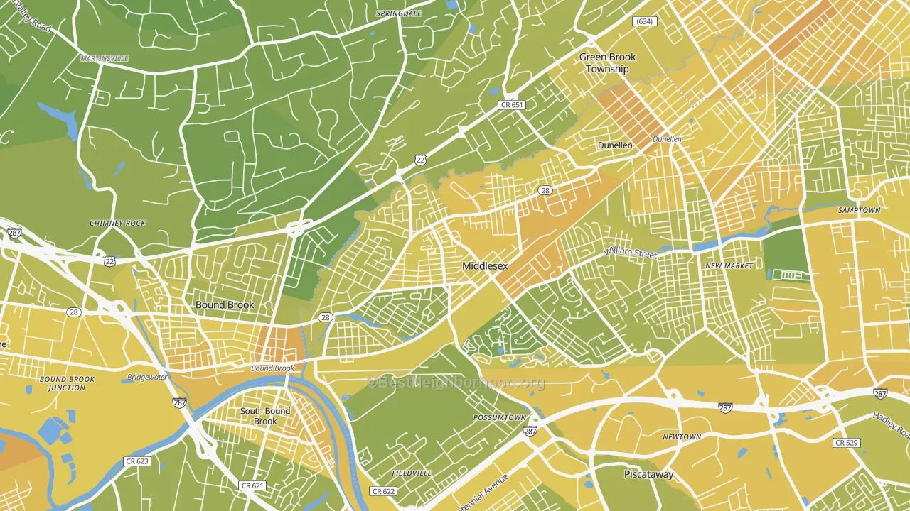 Map of the best neighborhoods in the Middlesex area, with better matches in green and worse matches in red