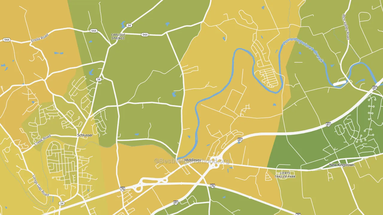 Map of the best neighborhoods in the Middlesex area, with better matches in green and worse matches in red