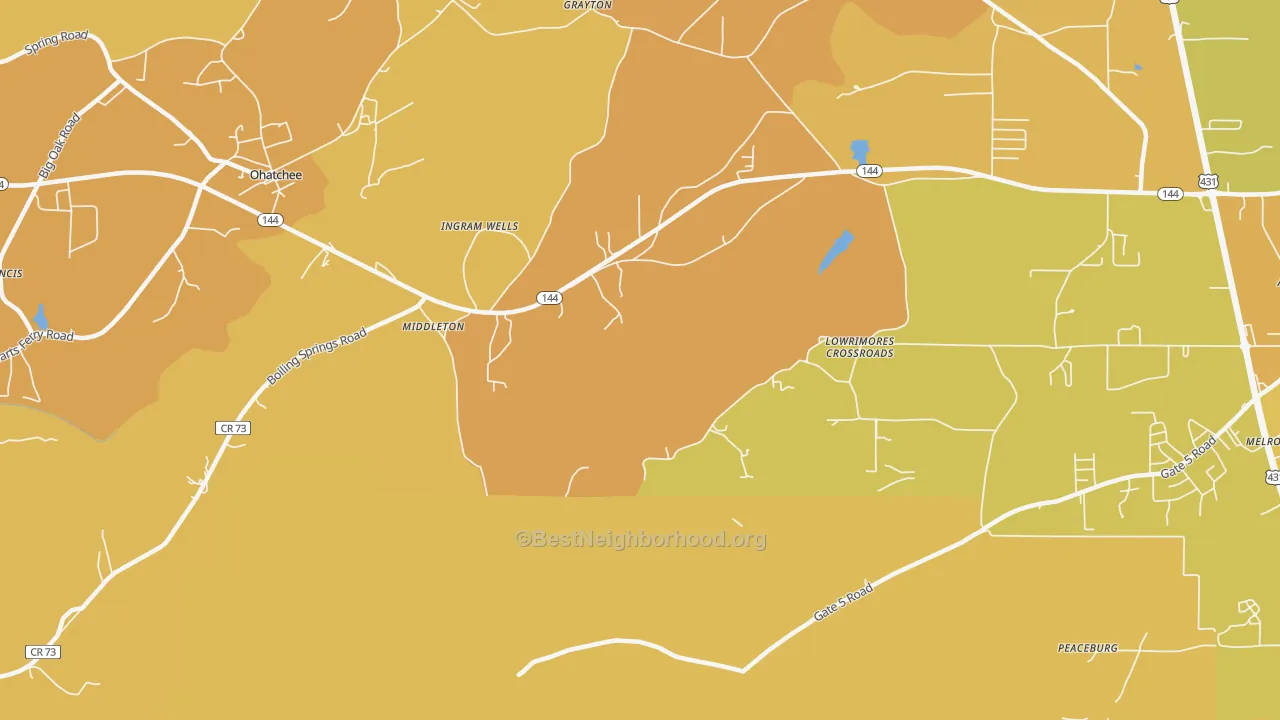 Map of the best neighborhoods in the Middleton area, with better matches in green and worse matches in red