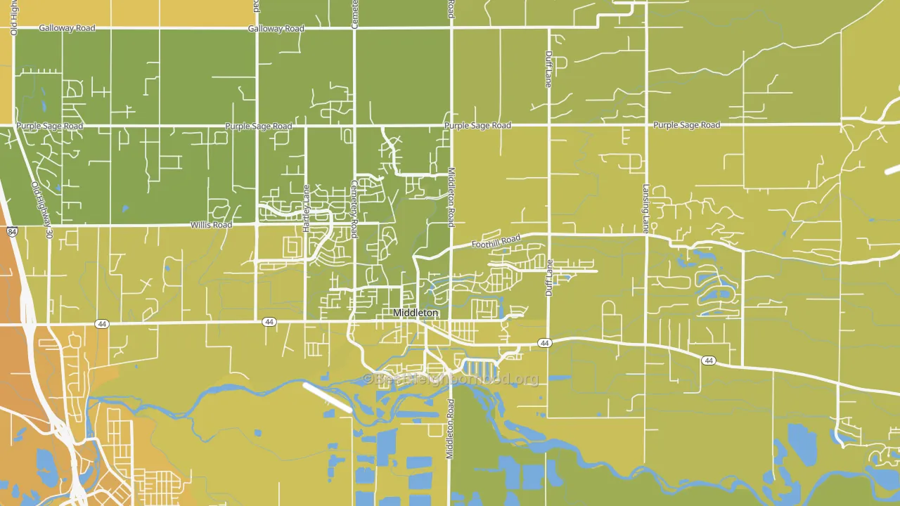 Map of the best neighborhoods in the Middleton area, with better matches in green and worse matches in red