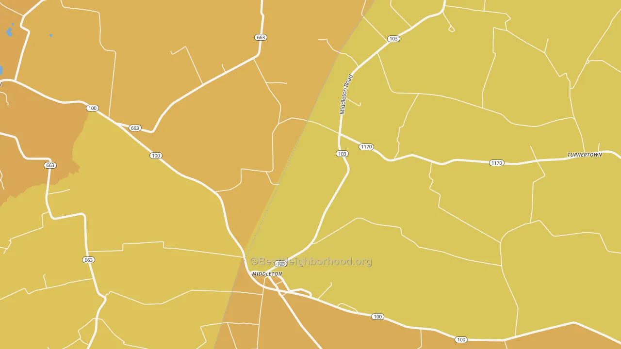 Map of the best neighborhoods in the Middleton area, with better matches in green and worse matches in red