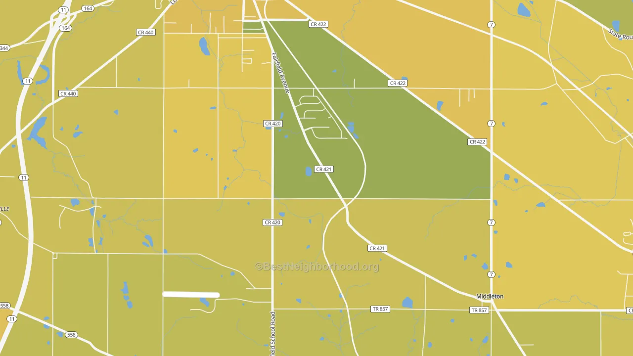 Map of the best neighborhoods in the Middleton area, with better matches in green and worse matches in red