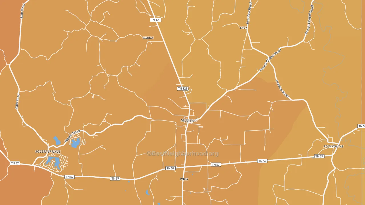 Map of the best neighborhoods in the Middleton area, with better matches in green and worse matches in red