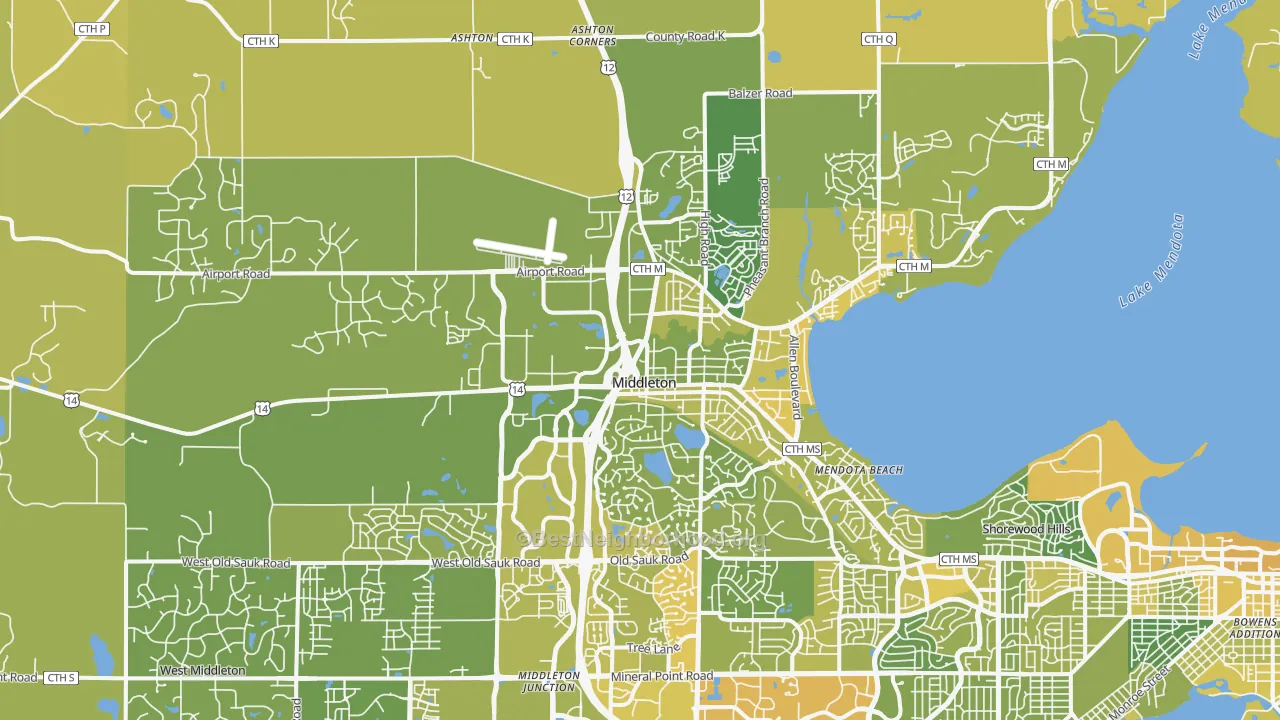 Map of the best neighborhoods in the Middleton area, with better matches in green and worse matches in red
