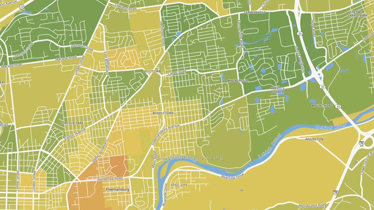 Map of the best neighborhoods in the middletown, Bethlehem area, with better matches in green and worse matches in red