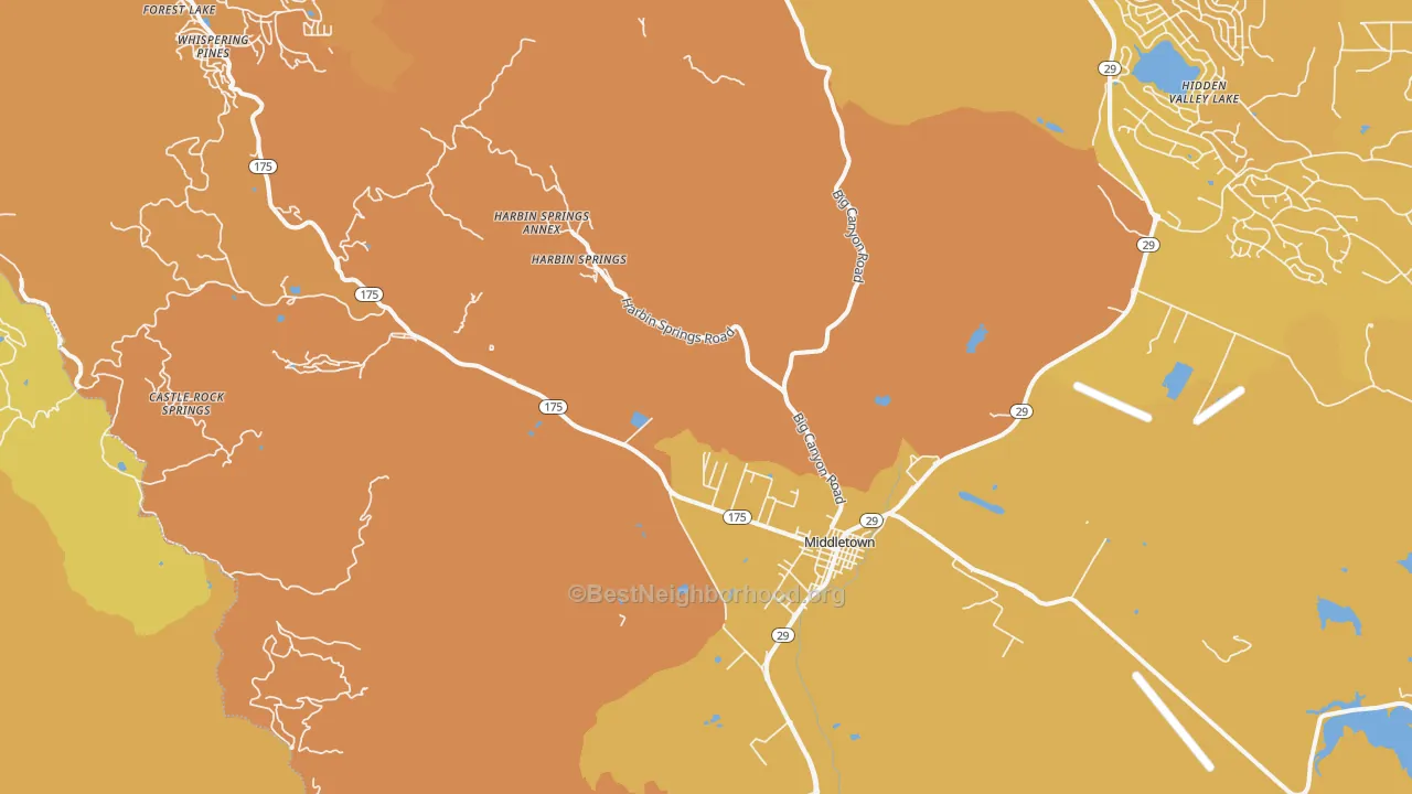 Map of the best neighborhoods in the Middletown area, with better matches in green and worse matches in red