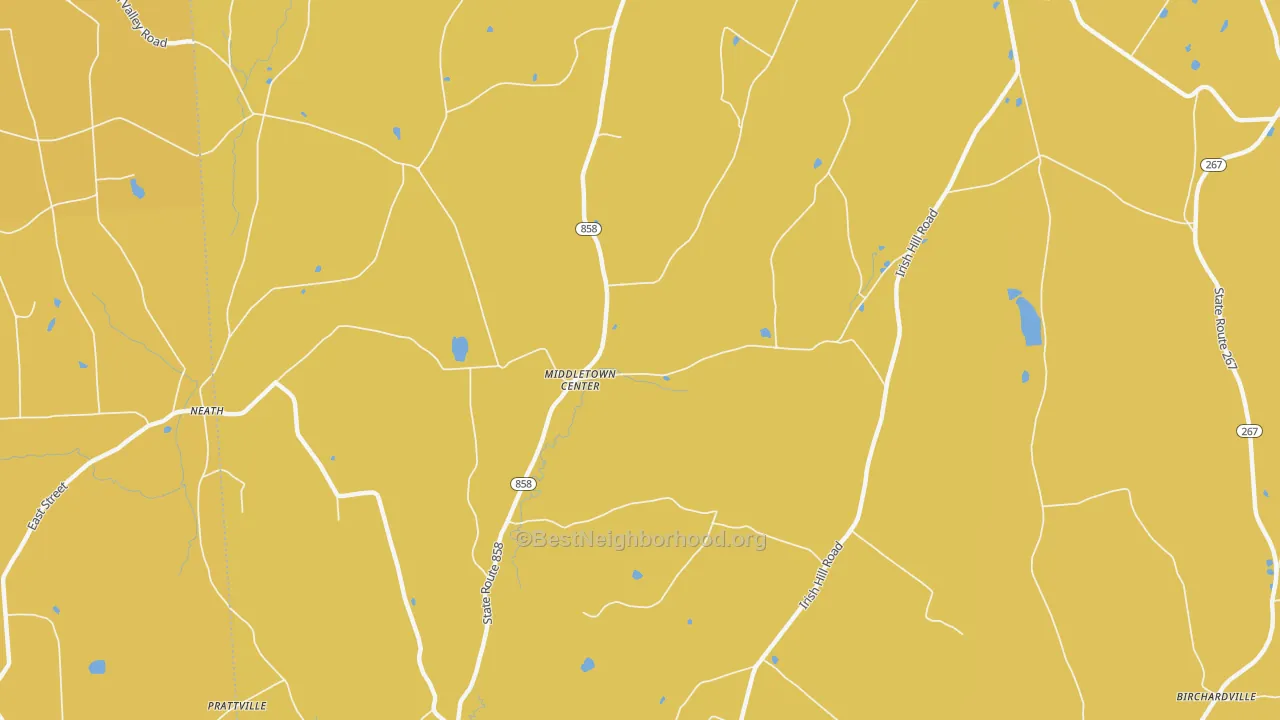 Map of the best neighborhoods in the Middletown Center area, with better matches in green and worse matches in red