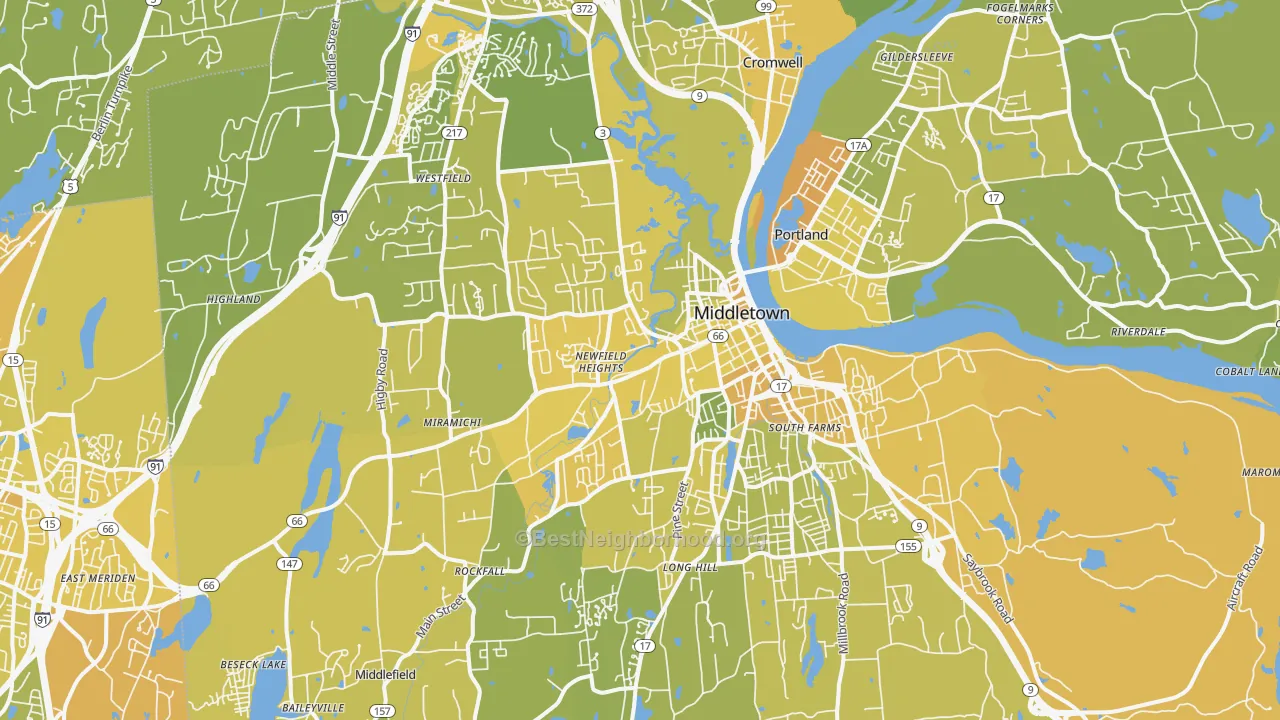 Map of the best neighborhoods in the Middletown area, with better matches in green and worse matches in red