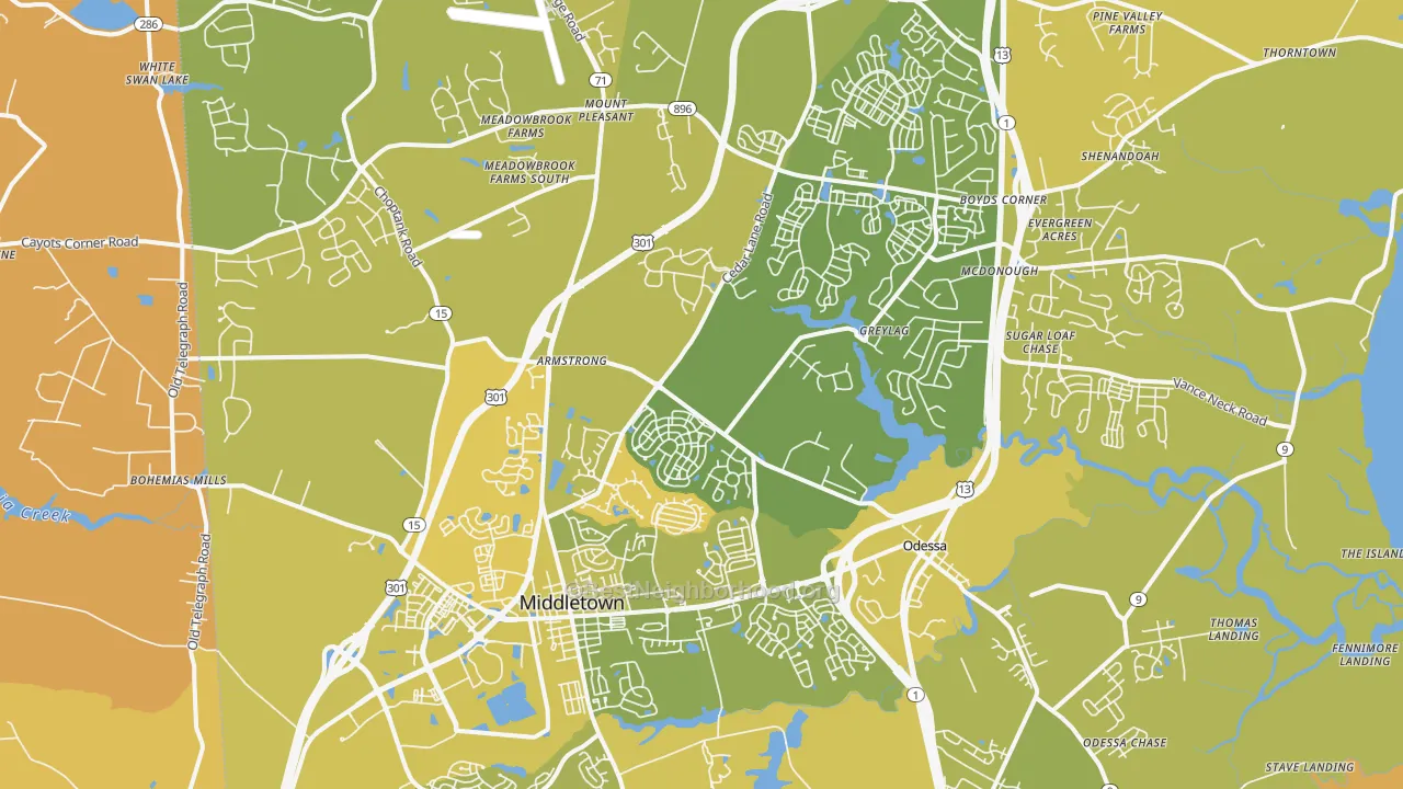 Map of the best neighborhoods in the Middletown area, with better matches in green and worse matches in red