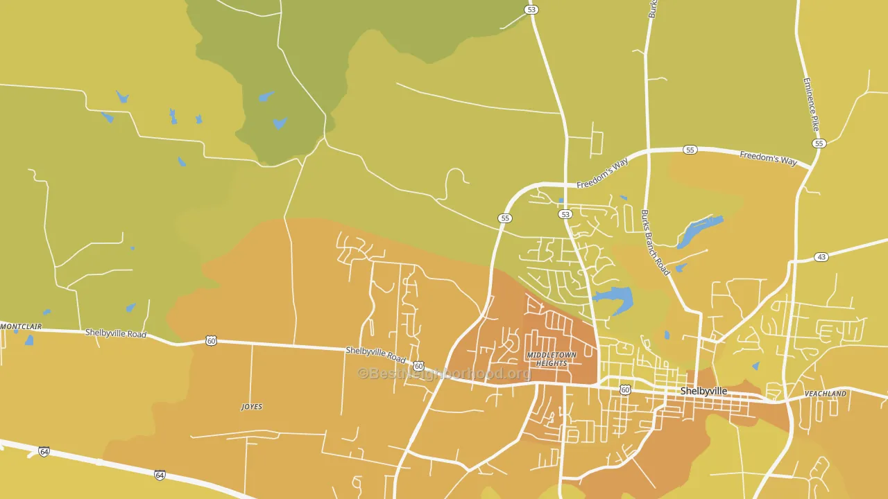 Map of the best neighborhoods in the Middletown Heights area, with better matches in green and worse matches in red