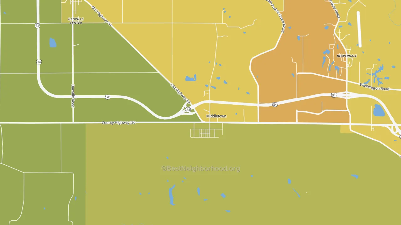 Map of the best neighborhoods in the Middletown area, with better matches in green and worse matches in red