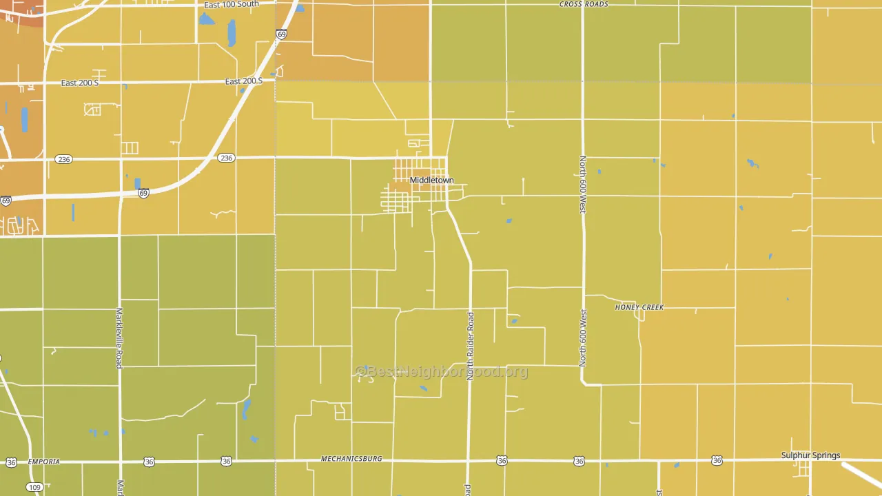 Map of the best neighborhoods in the Middletown area, with better matches in green and worse matches in red