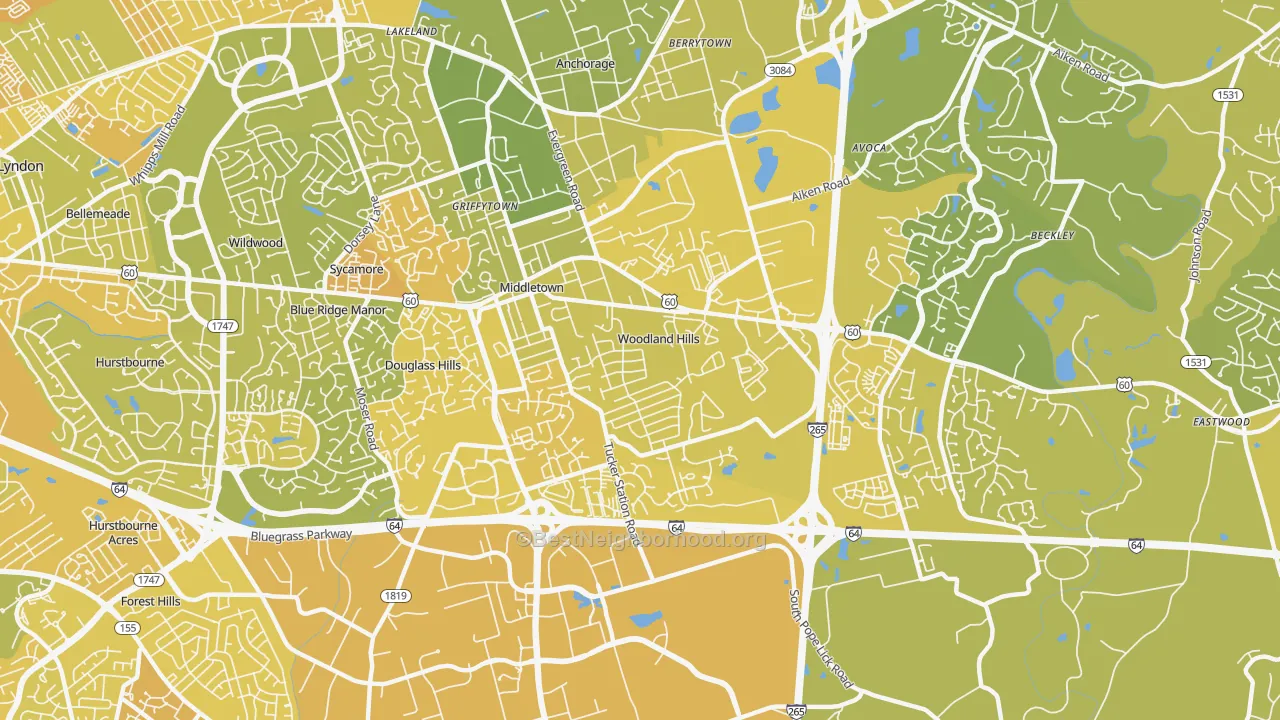 Map of the best neighborhoods in the Middletown area, with better matches in green and worse matches in red