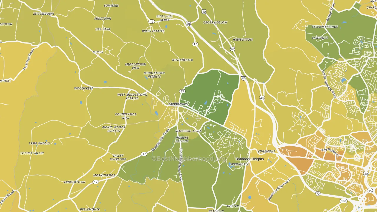 Map of the best neighborhoods in the Middletown area, with better matches in green and worse matches in red