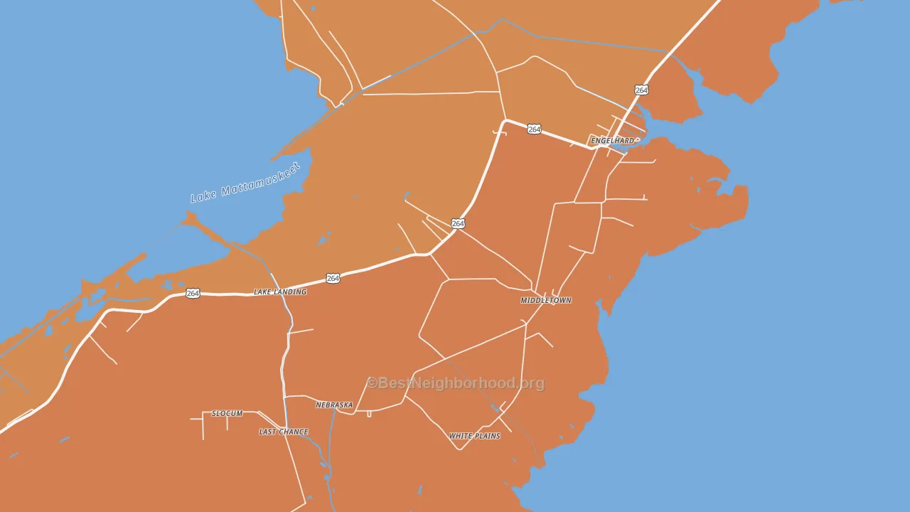 Map of the best neighborhoods in the Middletown area, with better matches in green and worse matches in red