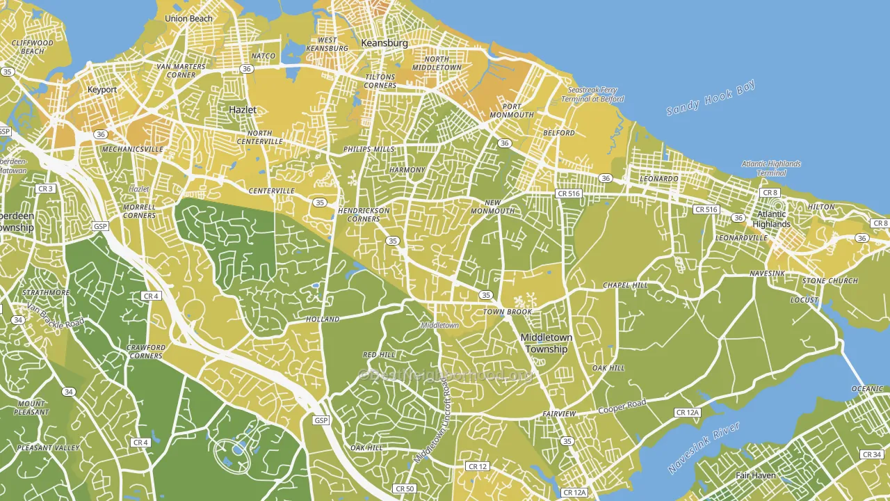 Map of the best neighborhoods in the Middletown area, with better matches in green and worse matches in red