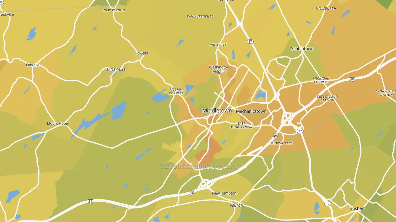 Map of the best neighborhoods in the Middletown area, with better matches in green and worse matches in red