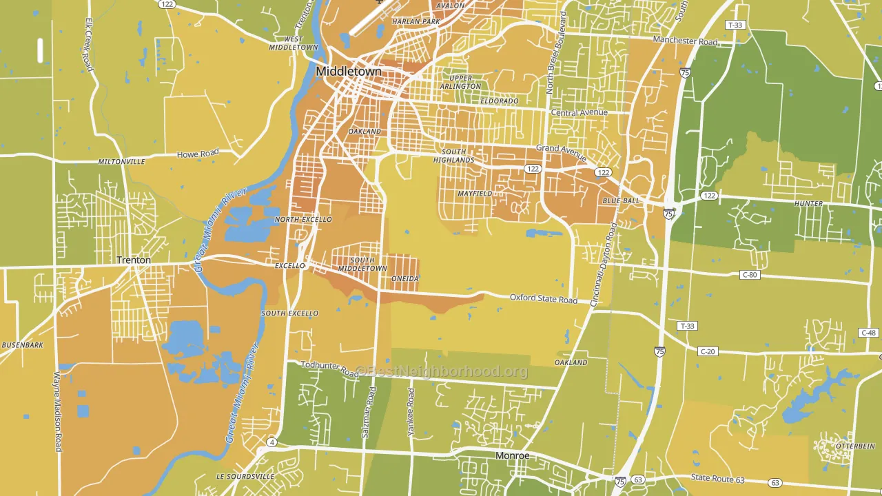 Map of the best neighborhoods in the Middletown area, with better matches in green and worse matches in red