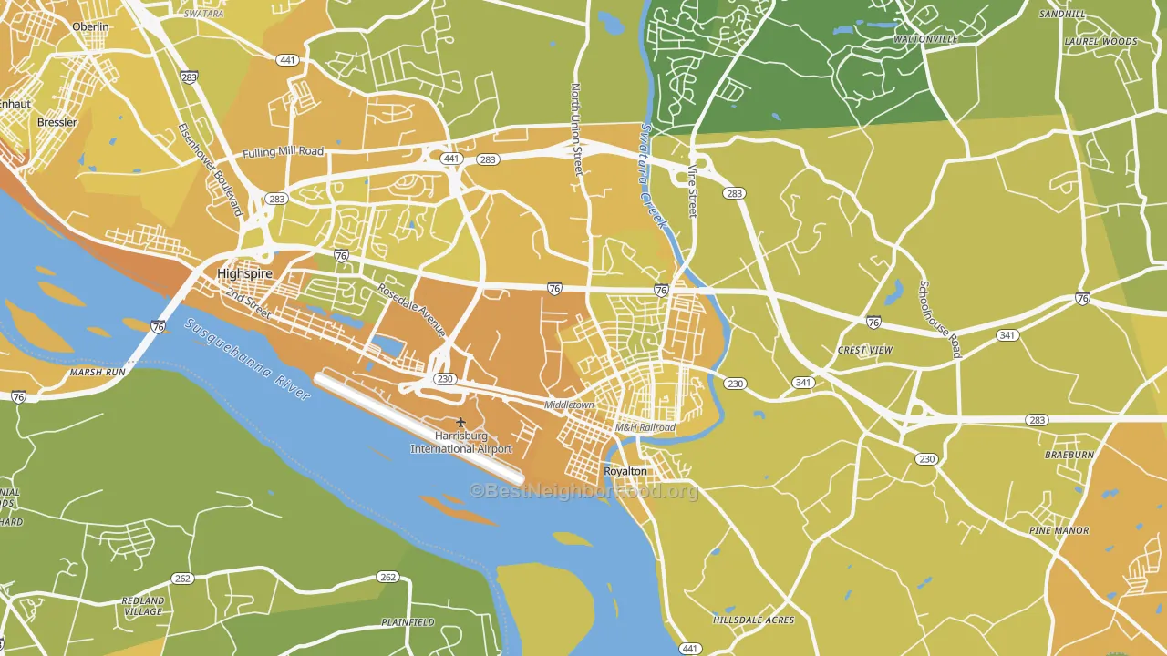 Map of the best neighborhoods in the Middletown area, with better matches in green and worse matches in red