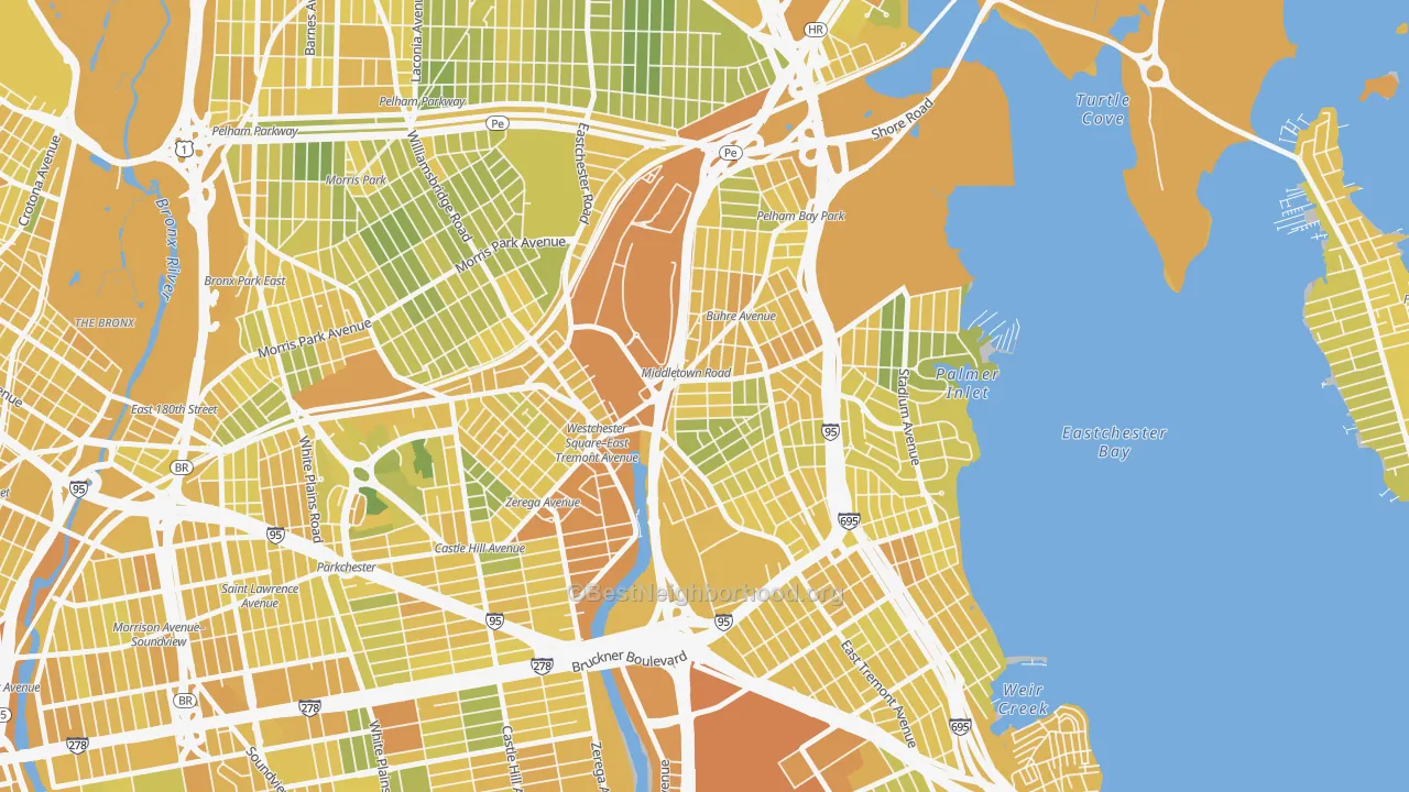 Map of the best neighborhoods in the Middletown-Pelham Bay, Bronx area, with better matches in green and worse matches in red