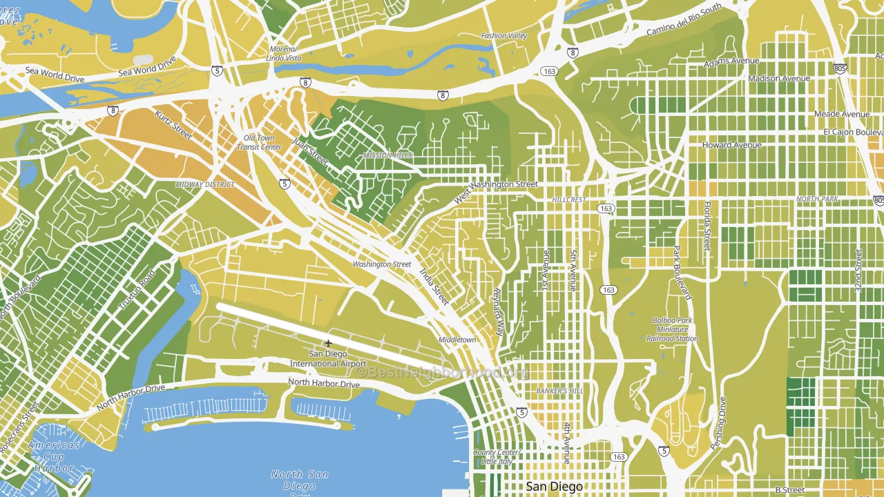 Map of the best neighborhoods in the Middletown, San Diego area, with better matches in green and worse matches in red