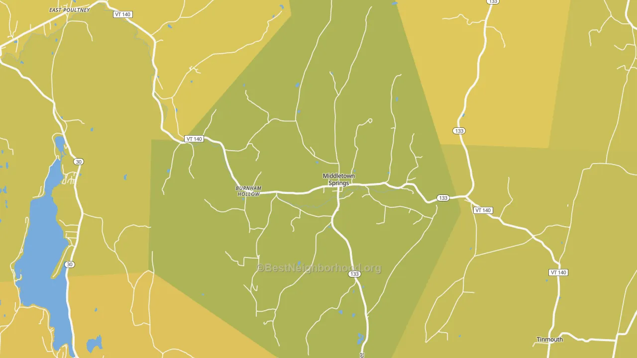 Map of the best neighborhoods in the Middletown Springs area, with better matches in green and worse matches in red