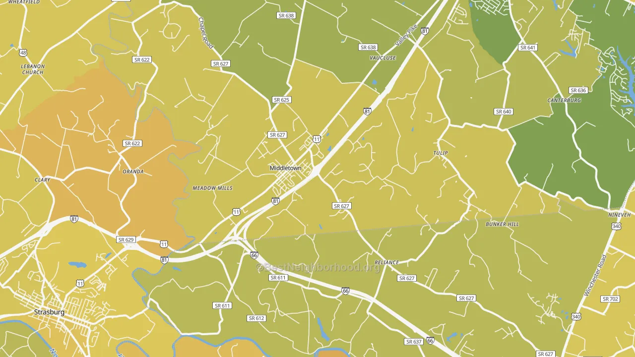 Map of the best neighborhoods in the Middletown area, with better matches in green and worse matches in red