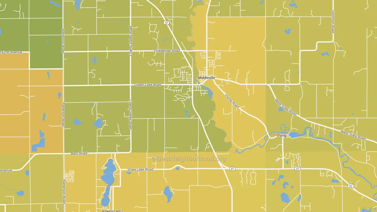 Map of the best neighborhoods in the Middleville area, with better matches in green and worse matches in red