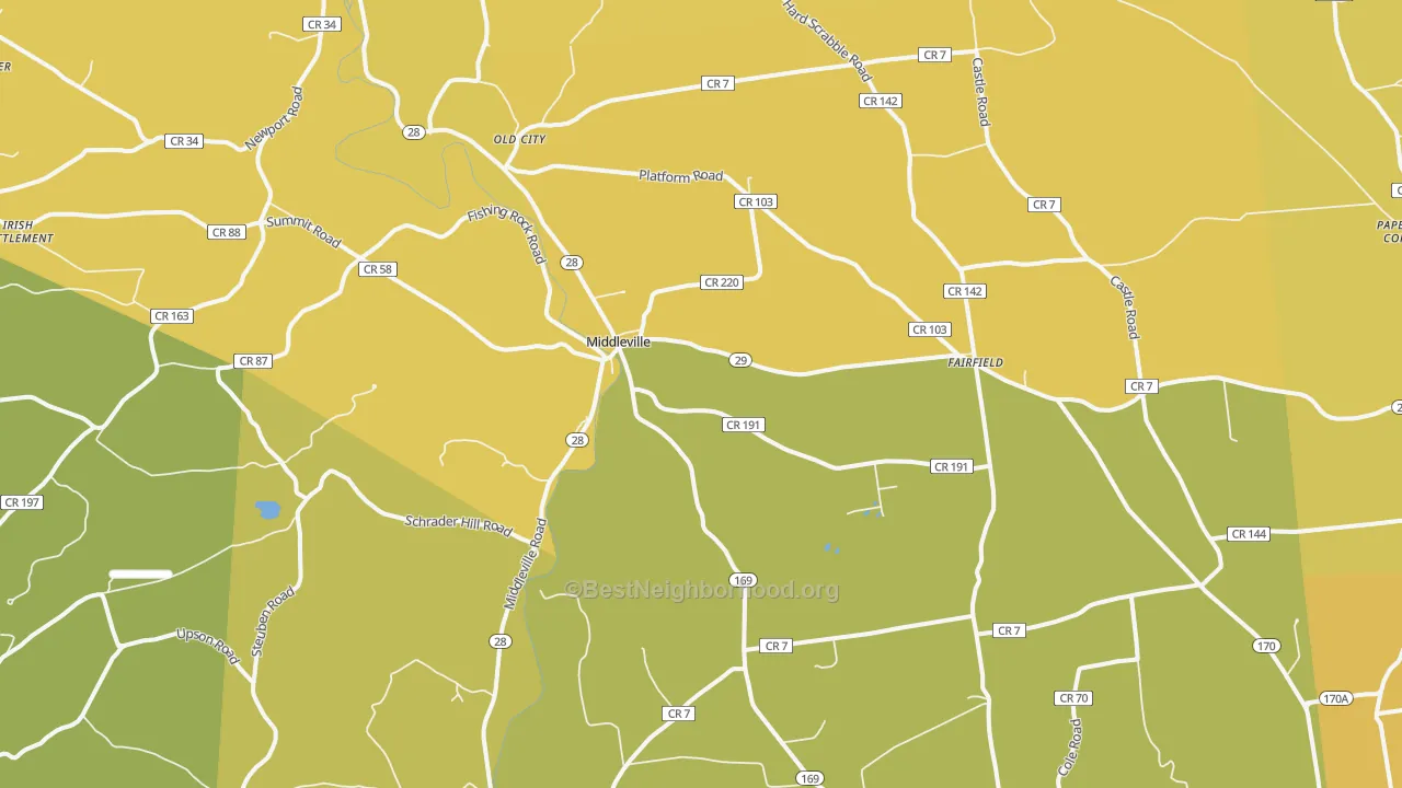 Map of the best neighborhoods in the Middleville area, with better matches in green and worse matches in red
