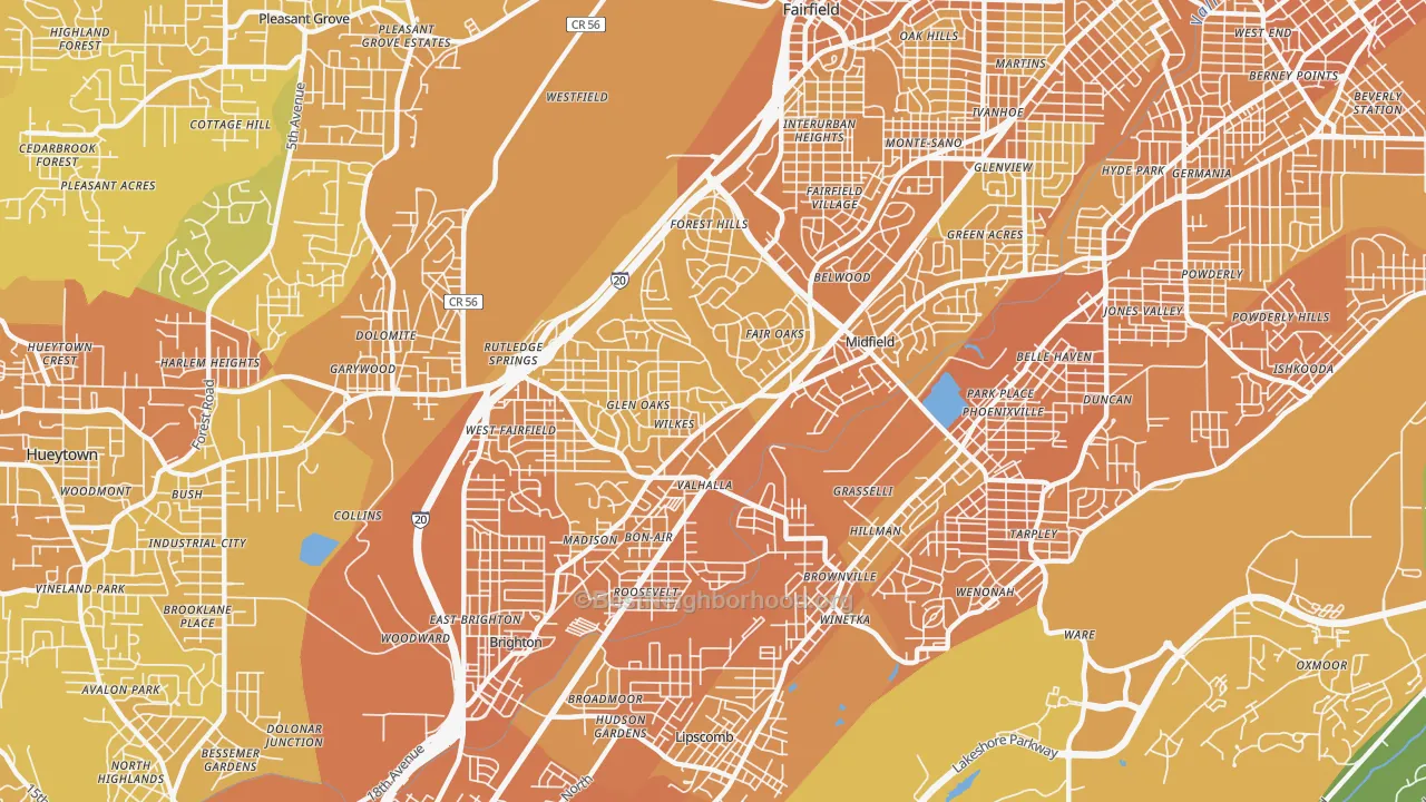 Map of the best neighborhoods in the Midfield area, with better matches in green and worse matches in red