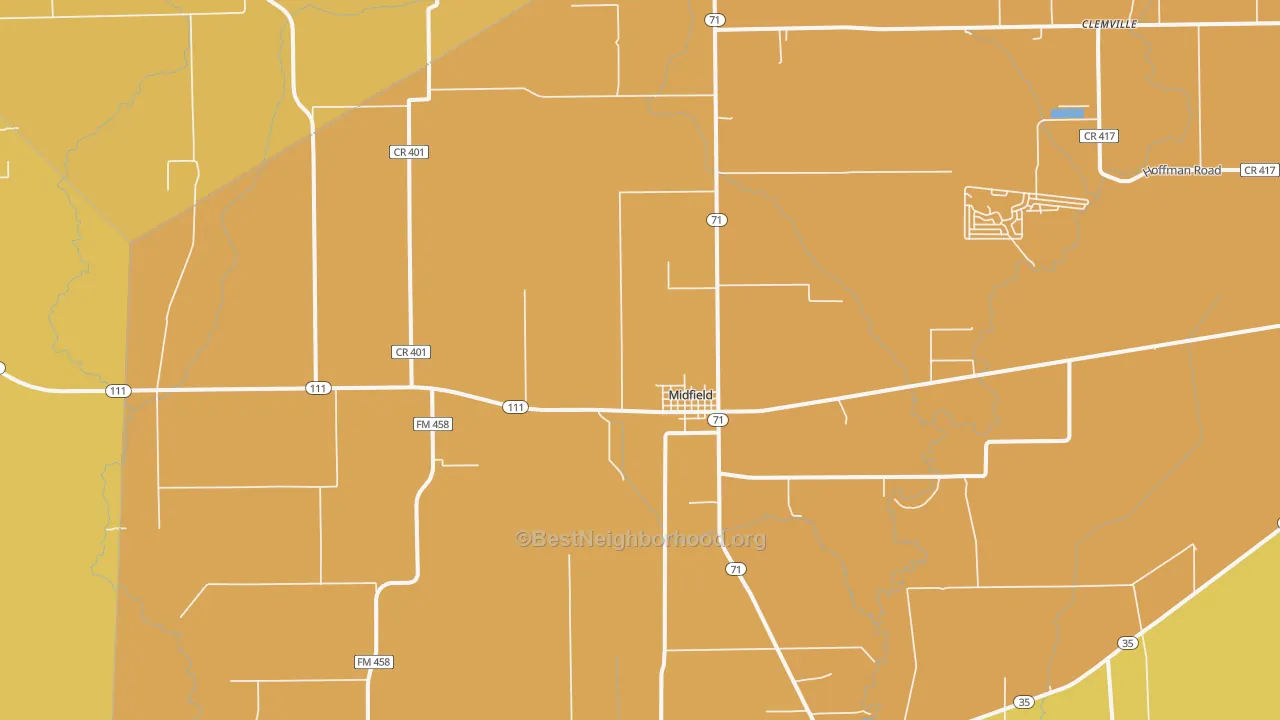 Map of the best neighborhoods in the Midfield area, with better matches in green and worse matches in red