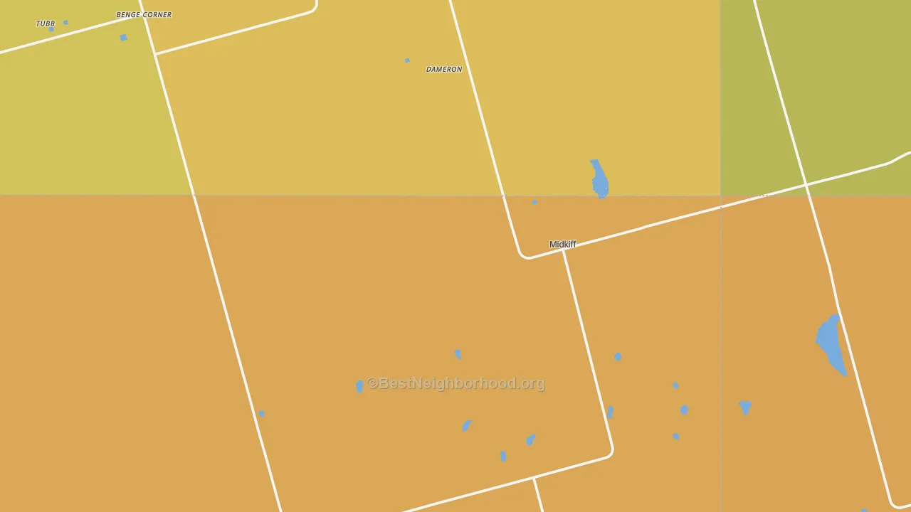 Map of the best neighborhoods in the Midkiff area, with better matches in green and worse matches in red