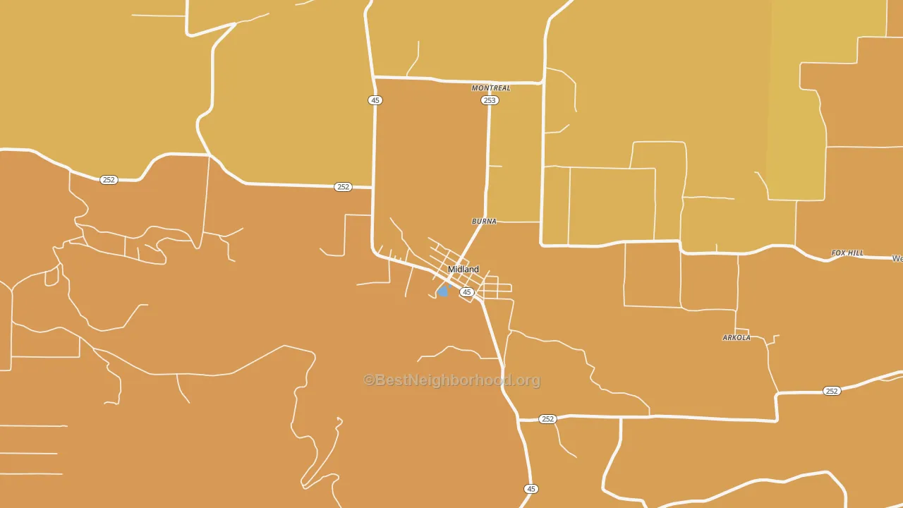 Map of the best neighborhoods in the Midland area, with better matches in green and worse matches in red