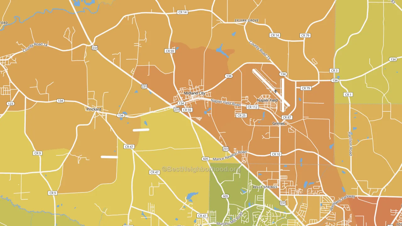 Map of the best neighborhoods in the Midland City area, with better matches in green and worse matches in red