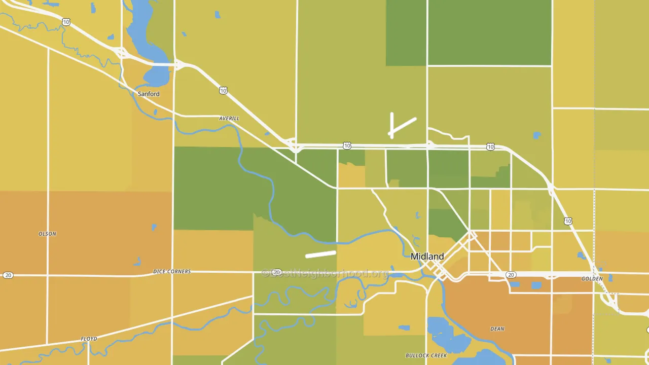 Map of the best neighborhoods in the Midland County area, with better matches in green and worse matches in red