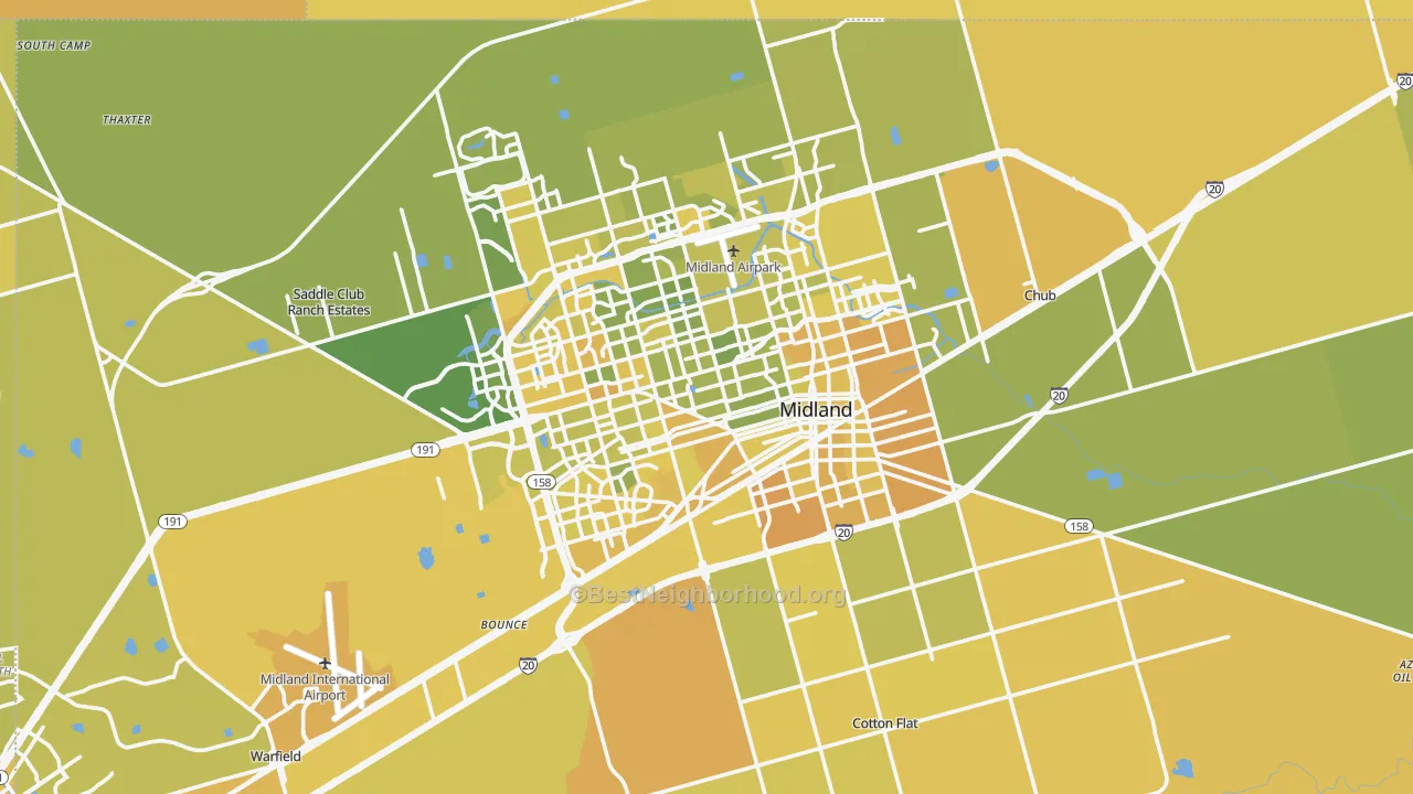 Map of the best neighborhoods in the Midland County area, with better matches in green and worse matches in red