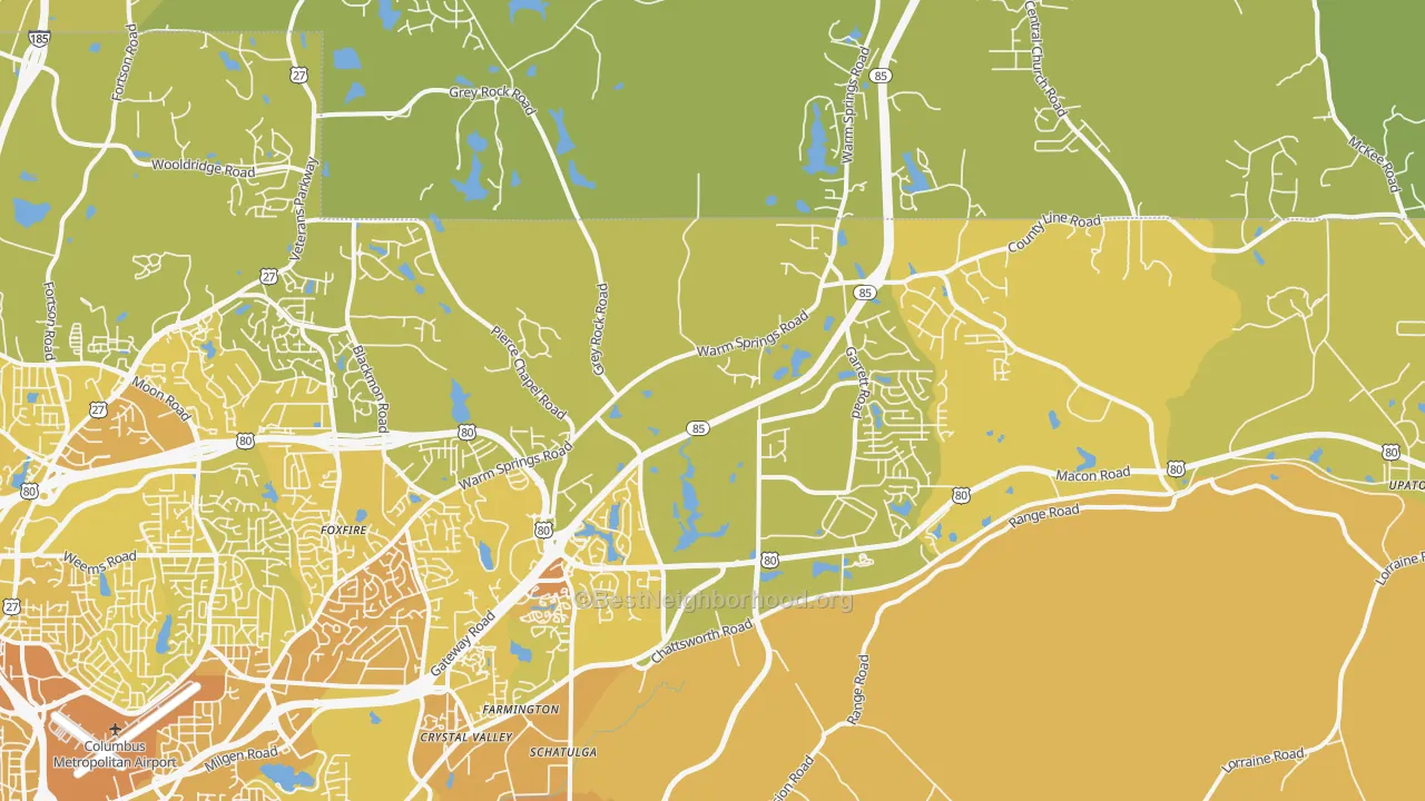 Map of the best neighborhoods in the Midland area, with better matches in green and worse matches in red