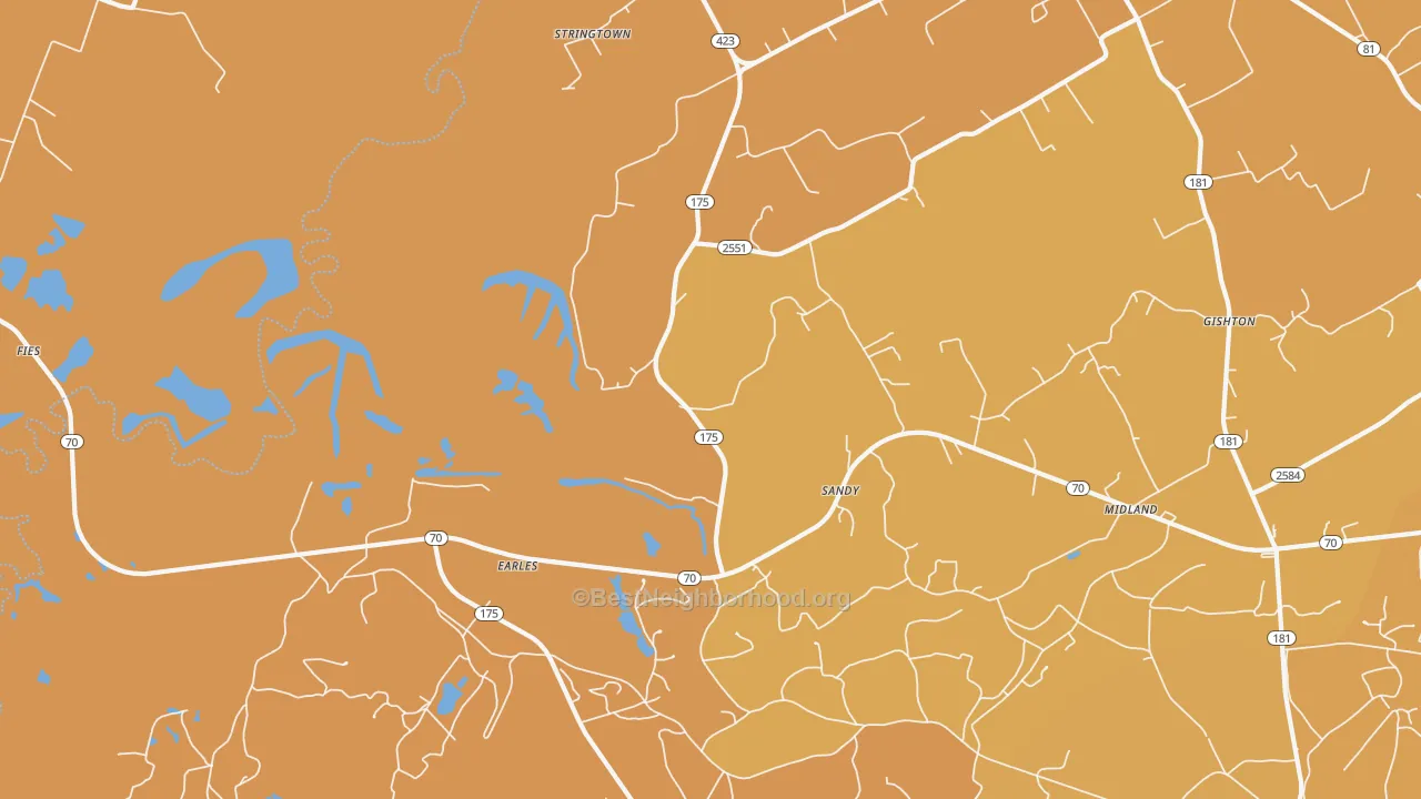 Map of the best neighborhoods in the Midland area, with better matches in green and worse matches in red