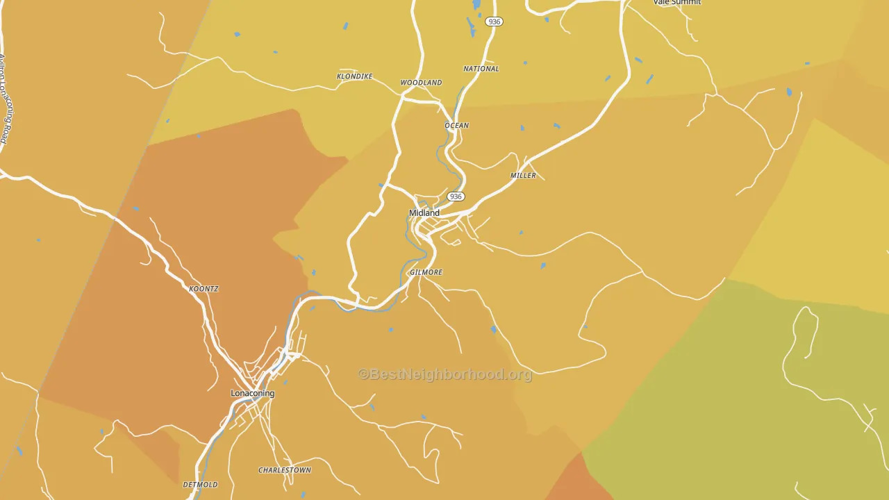 Map of the best neighborhoods in the Midland area, with better matches in green and worse matches in red