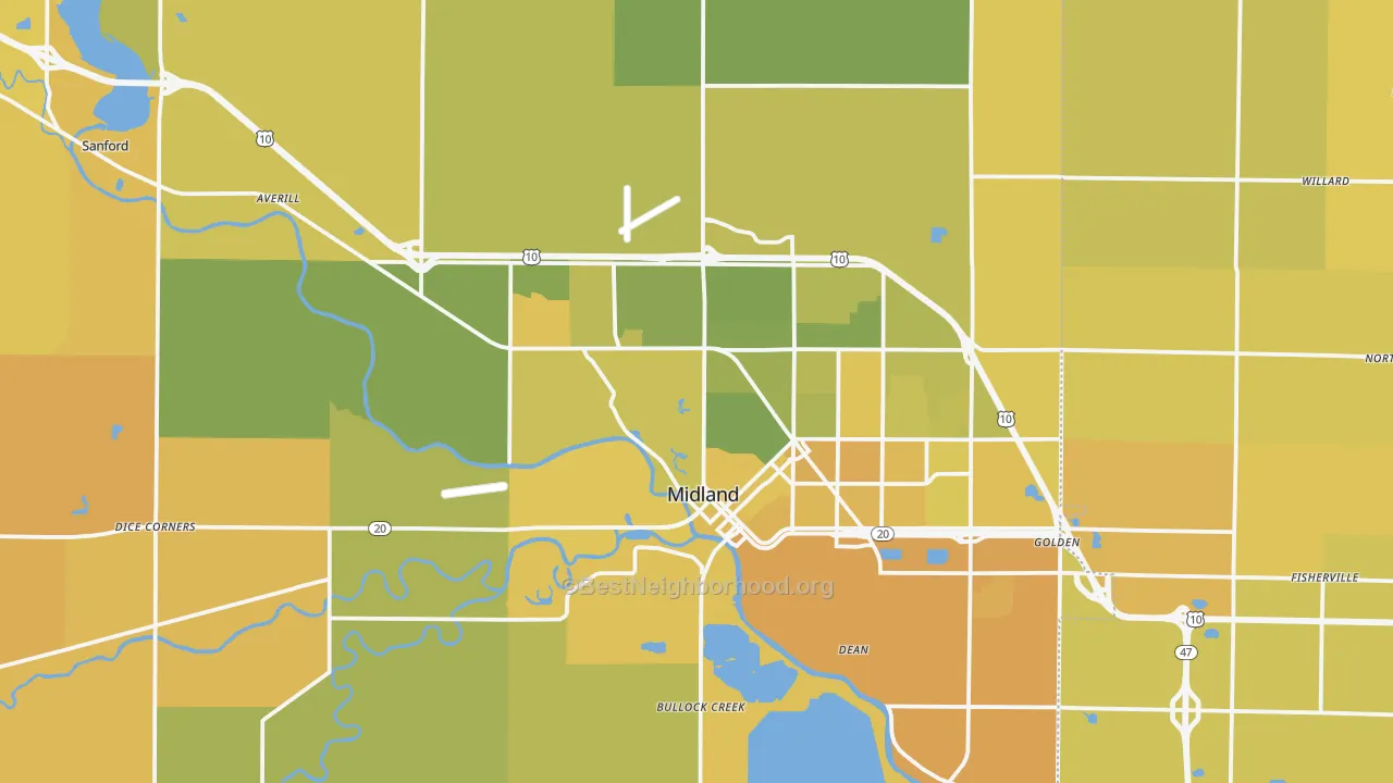 Map of the best neighborhoods in the Midland Metro area, with better matches in green and worse matches in red