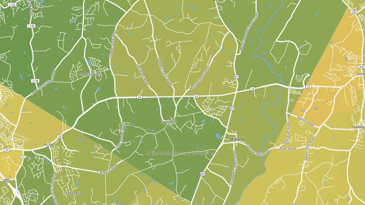 Map of the best neighborhoods in the Midland area, with better matches in green and worse matches in red