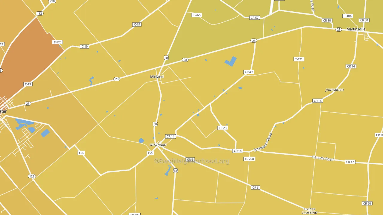 Map of the best neighborhoods in the Midland area, with better matches in green and worse matches in red