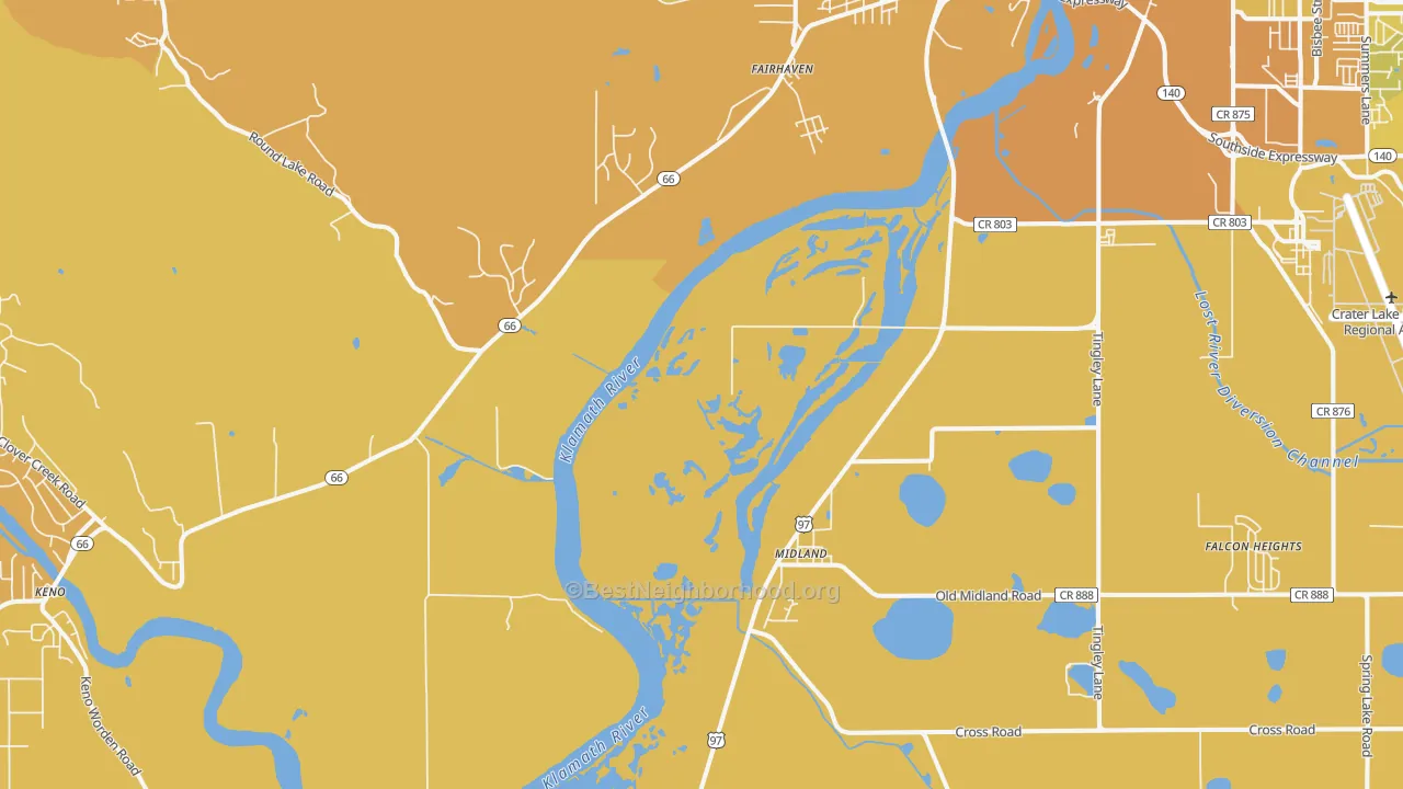 Map of the best neighborhoods in the Midland area, with better matches in green and worse matches in red