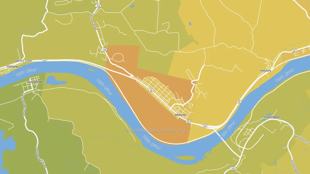 Map of the best neighborhoods in the Midland area, with better matches in green and worse matches in red