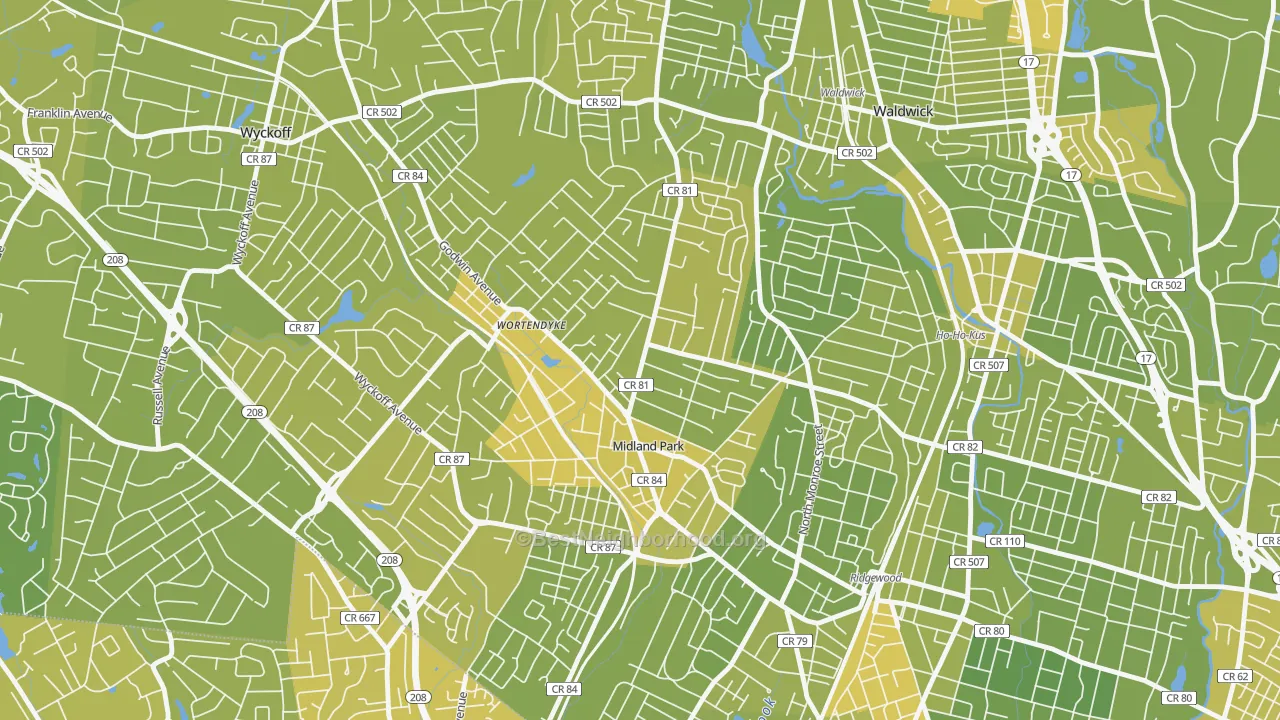 Map of the best neighborhoods in the Midland Park area, with better matches in green and worse matches in red